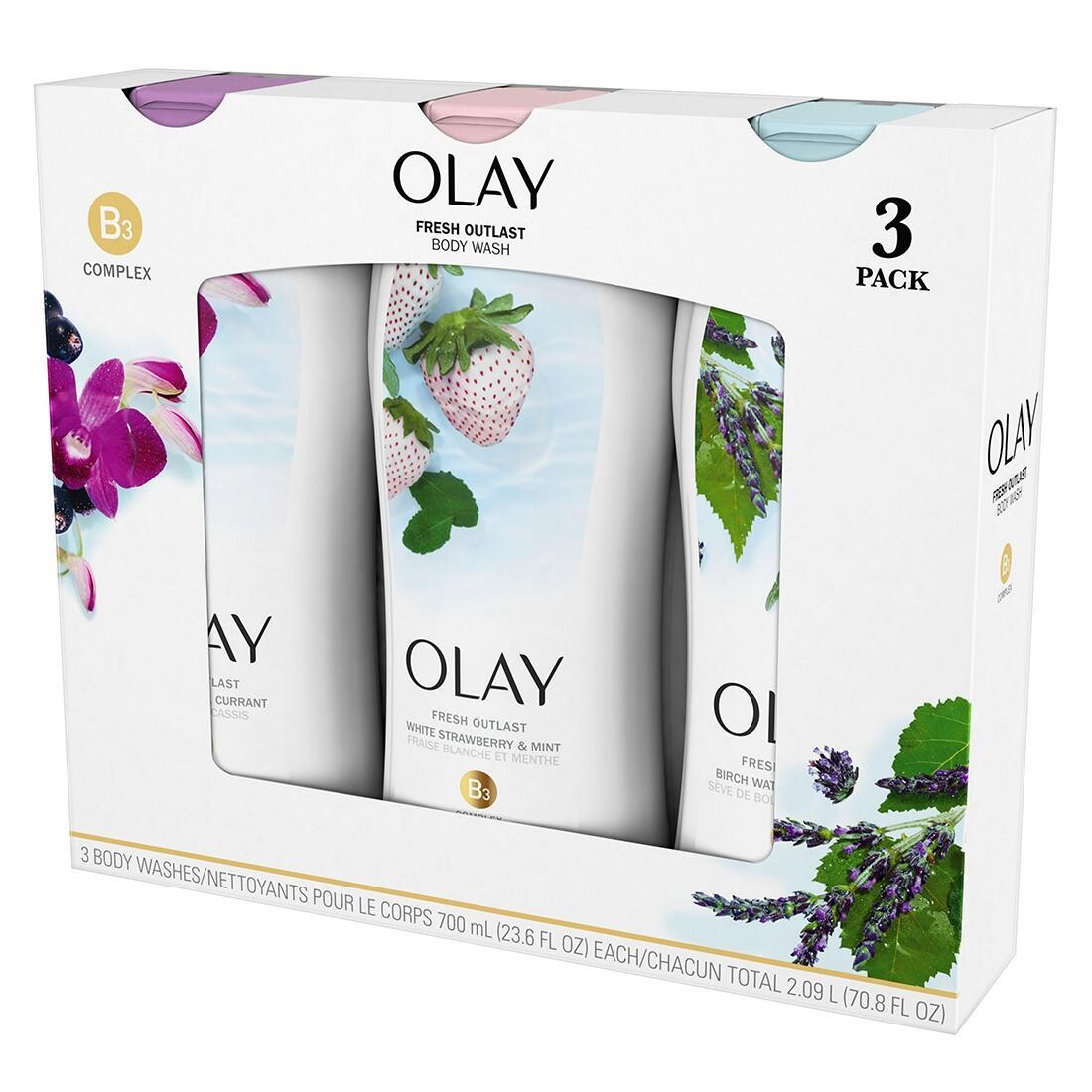 Olay Body Wash 3pck 650ml Fresh Cooling Strawberry &amp; Mint, Orchid &amp; Black Currant, Birch Water body wash 650ml shower gel