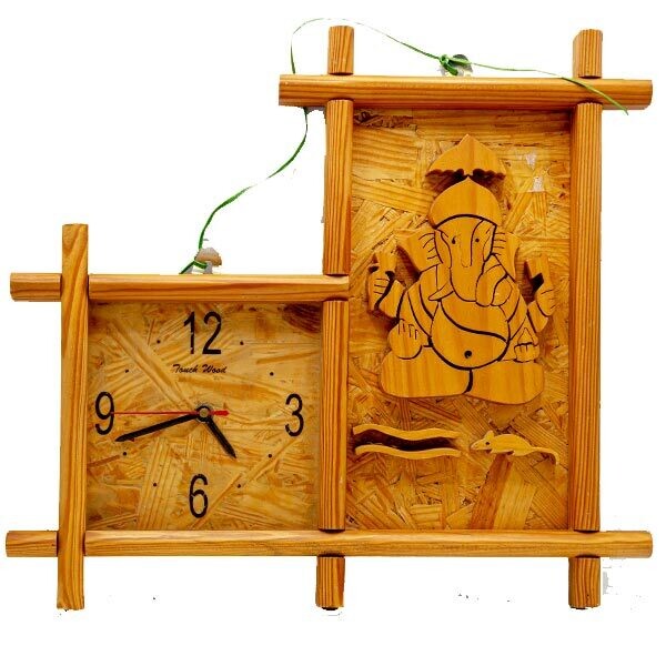 Wooden Clock with Ganesh 13x14 Inch DID1510