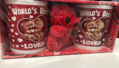 Valentines Gift set with One Teddy bear one coffee cup. with different heart shape/love designs