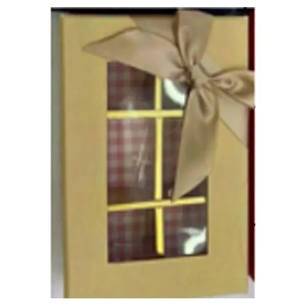 ​Golden chocolate box with window and ribbon bow, 6 sections. CHOCBOX-6S