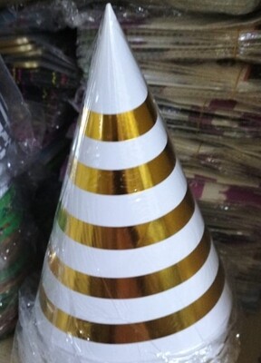 Large party cone hats 12cm dia 10pcs pack Gold rings pattern