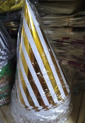 Large party cone hats 12cm dia 10pcs pack Gold vertical stripes
