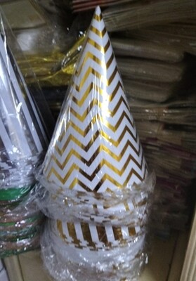 Large party cone hats 12cm dia 10pcs pack Gold wavy pattern