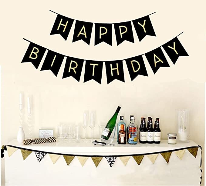 Happy Birthday Banner Birthday Decorations,BLACK and Golden Premium Quality Happy Birthday Banners with Golden Sparkle Shimmering Letters, Reusable Birthday Party Supplies Perfect for Kids Girls and