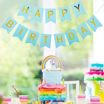 Happy Birthday Banner Birthday Decorations, BLUE and Golden Premium Quality Happy Birthday Banners with Golden Sparkle Shimmering Letters, Reusable Birthday Party Supplies Perfect for Kids Girls and