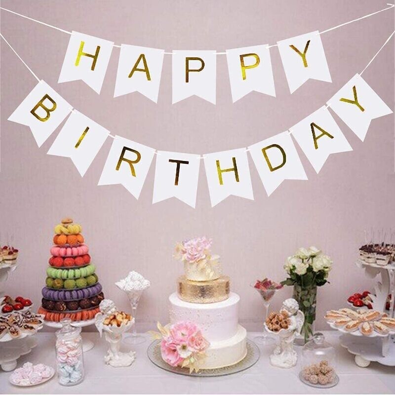 Happy Birthday Banner Birthday Decorations,WHITE and Golden Premium Quality Happy Birthday Banners with Golden Sparkle Shimmering Letters, Reusable Birthday Party Supplies Perfect for Kids Girls and
