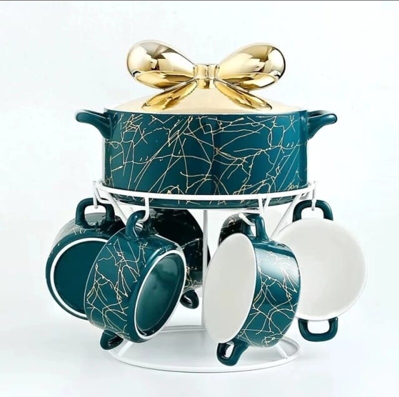 Luxurious marble soup bowl set. Comes with the stand, bowls with handle and a serving bowl. Capacity (bowl) 2200ml and (cups) 350ml. Unique and classy (Blue)