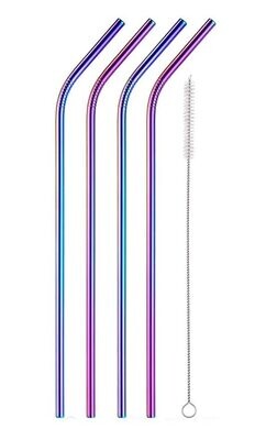 Stainless Steel  straws 5pcs Rainbow metallic straws with a cleaning brush Reusable  Food Grade Beverage Drinking Straws  #0026 curved