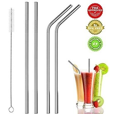 Stainless Steel  straws 5pcs  metallic straws with a cleaning brush Reusable  Food Grade Beverage Drinking Straws  #0064 straight & curved