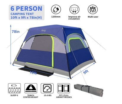 Double layer 6 persons camping tent with 4 mesh windows