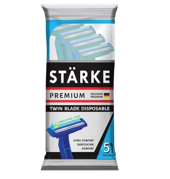 STARKE PREMIUM Twin Blade Razors With Lube Strip Inner box – 20 Pouches/Outer of 5 Razors/Pouch