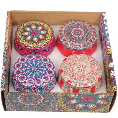 Soy wax scented candle pack of 4 assorted in printed gift box, each candle in metal round tin. SOY-CANDLE