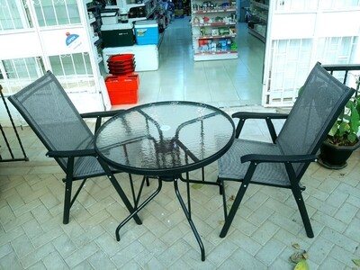 Outdoor furniture Round Glass Table with 2 foldable chairs made of mesh fabric