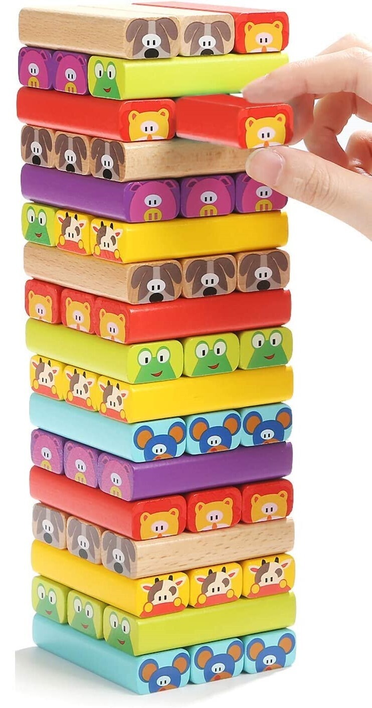 Colored Wooden jenga Blocks Stacking Board Games animal themed comes with a dice for Kids Ages 3+ with 51 Pieces T2069