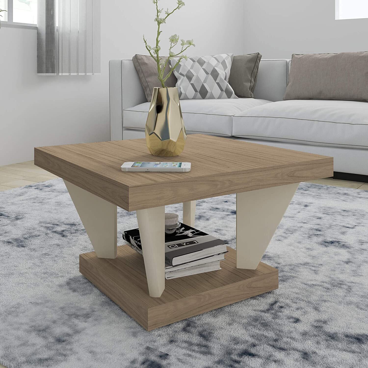 Artely Holanda Coffee Table, Oak Brown With Off White - W 59 X D 59 X H 37.5 cm