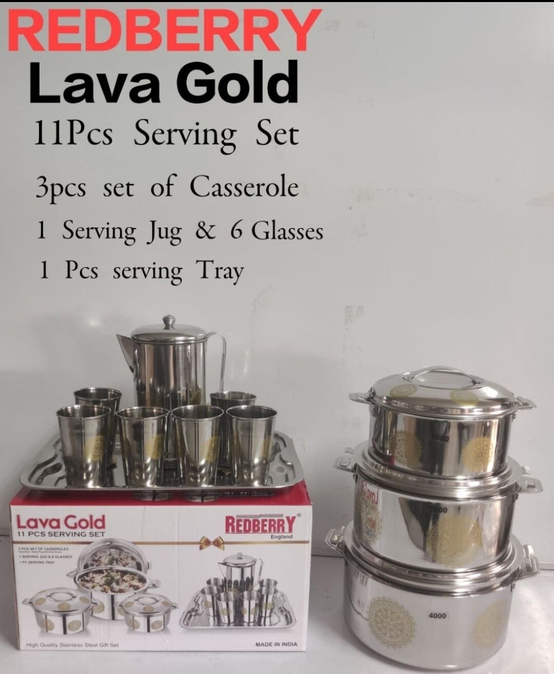 Stainless Steel serve ware 8pc water set and 3 pcs3L-4L hot pots 11pcs serving set Redberry Lava Gold