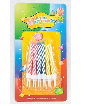 Birthday Candles - 12 Pcs - Red/Blue & Yellow Colours With White Stipes On A Plastic Stand BC-12