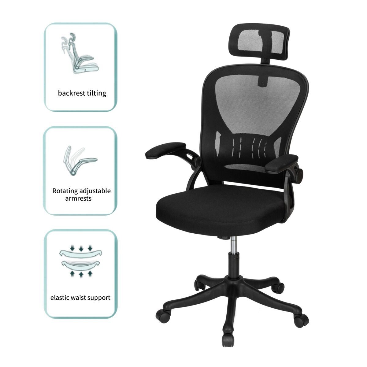 DELI Office Chair with High-back Mesh Chair with Head-Rest & Rotating Adjustable Arms #E4505