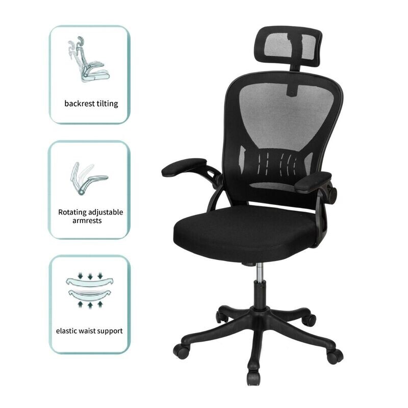 DELI Office Chair with  High-back Mesh Chair with Head-Rest &amp; Rotating Adjustable Arms #E4505