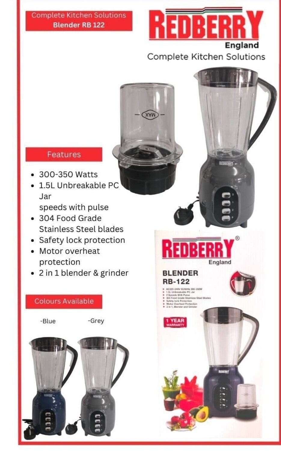 Redberry RB122 2 in 1 Blender & Grinder with 1L Unbreakable Jug