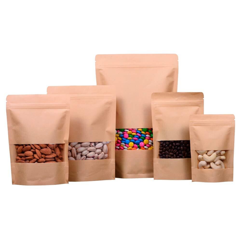 Zip Lock Pouch Bags 10pcs,16X26cm Kraft Paper Bags with Window Resealable Bags, Cookie Bags, peanuts (capacity 500g) MX-001