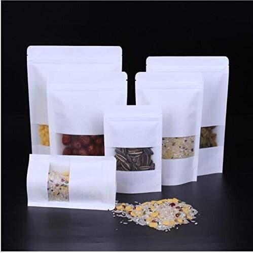 Zip Lock Pouch Bags 10pcs,12x20cm white Kraft Paper Bags with Window Resealable Bags, Cookie Bags, peanuts MX-007