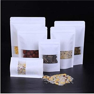 Zip Lock Pouch Bags 10pcs,12x20cm white Kraft Paper Bags with Window Resealable Bags, Cookie Bags, peanuts (250g) MX-007