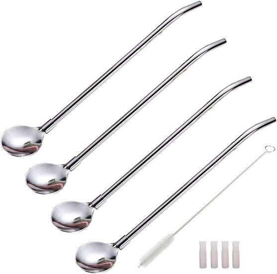Stainless steel Drinking straw spoon 6 spoons + cleaning Brush 304-Stainless steel Bar spoon