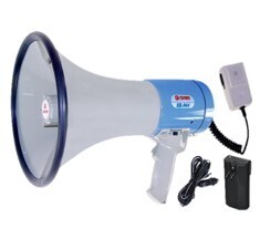 Megaphone PA System, Recording 120 Sec, Supports USB/SD/Aux Playback, MP3, 25 Watts, Uses 8*D Batteries, Blue/White JS-10SX 