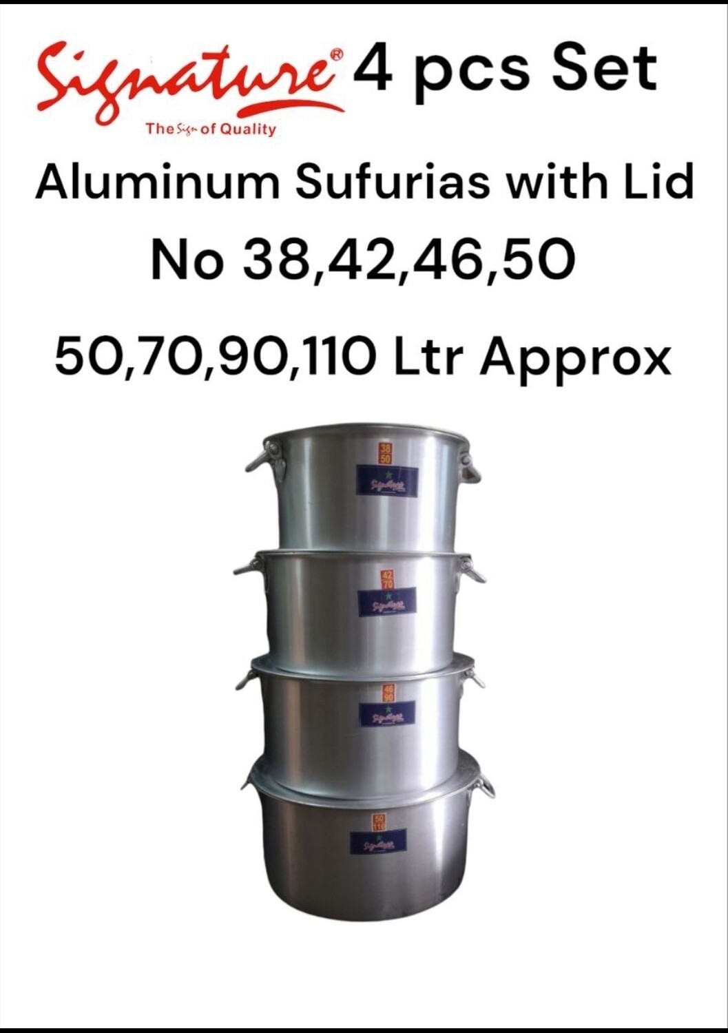 Signature Heavy duty aluminium sufurias with lids & handles 4pcs set [50 70 90 &110 Litres]