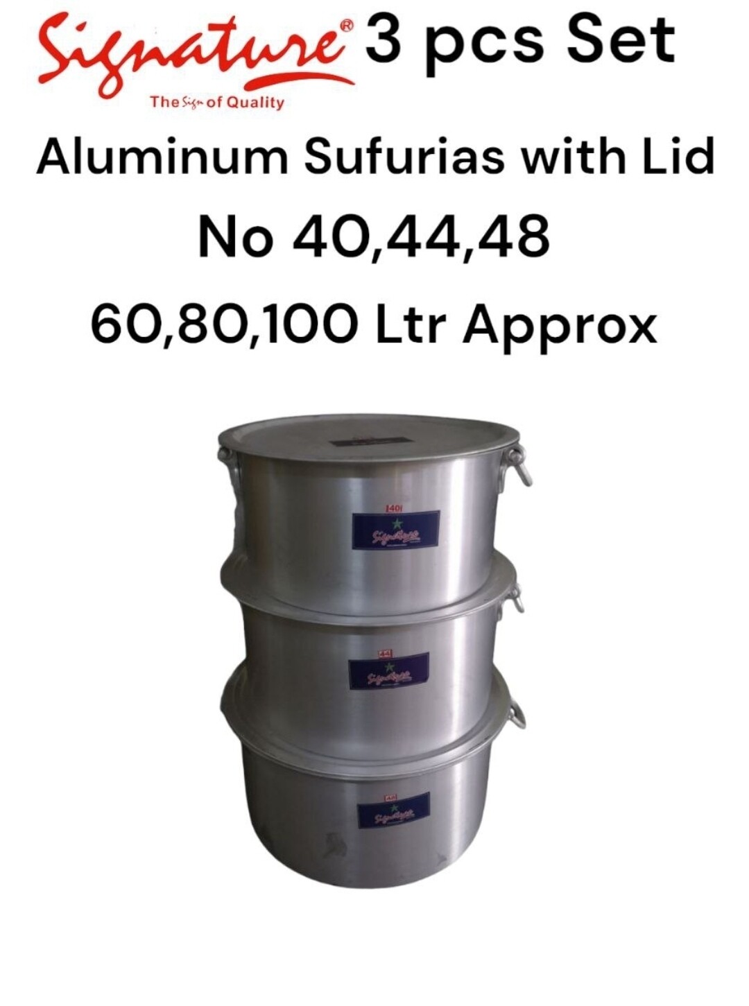 Signature heavy duty aluminium sufurias with lids and handles 3pcs set [60 80 and 100 Litres]
