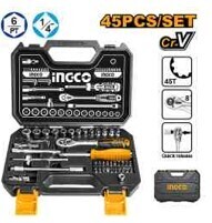 Ingco HKTS14451 45-Piece 1/4" Socket Set with Ratchet Wrench and Screwdriver Bits