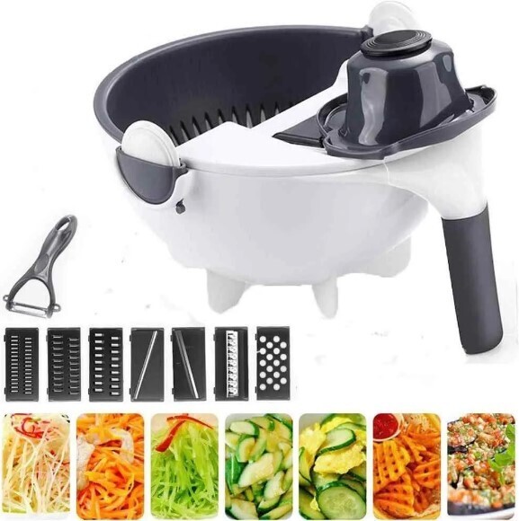 Multifunctional Vegetable or Fruit Cutter, Drainer, Strainer, Shredder, Grater and Slicer Bowl | Basket for Washing and Serving - 9 IN 1 Wet basket CK-13
