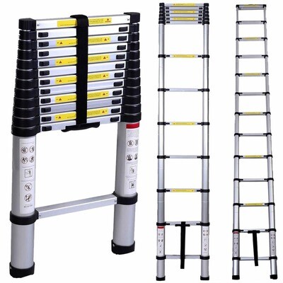 Telescopic Collapsible Ladder 7+7 Steps, Max Height 4x4m Collapsible - Thickness 1.3mm, 30Cm Step Distance, Max Load-150kg, Can be used as A shape ladder DLT506B