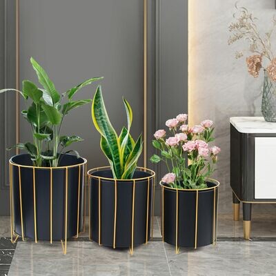 Black Pot Metal Planter with Stand set of 3 Pot with Plant Stand Planter for Living Room, Bedroom Interior Design, Balcony, Outdoor and Home Gardening