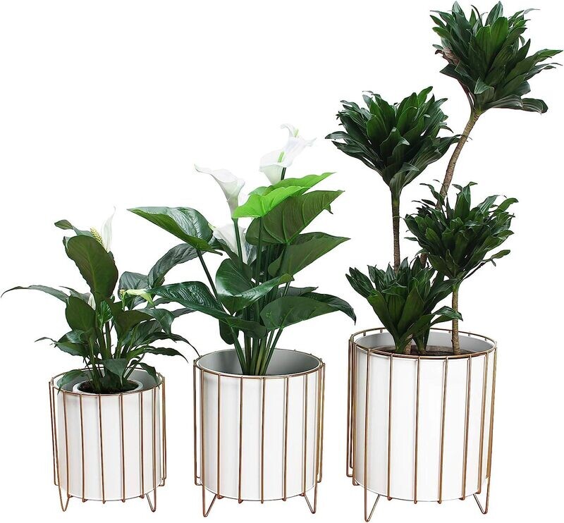 White Pot Metal Planter with Stand set of 3 Pot with Plant Stand  Planter for Living Room, Bedroom Interior Design, Balcony, Outdoor and Home Gardening (White)