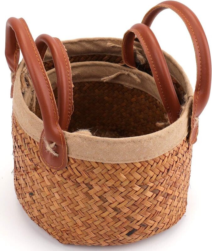 Woven Cylindrical Basket 2 Pack with Leather Handle, Natural Seagrass Storage/Tote Belly Organizer for Plant Pot, Toys, Picnic (M,S)