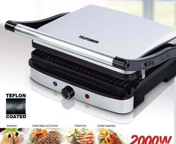 Telefunken TLF SM-700 Maxi grill Toaster, Inox, Thermostat, Non stick teflon grills, Locking latch, 1600W