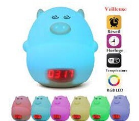 Pig Alarm Clock Night Light With Colorful Light - 7 Colors Rechargable LJC-110