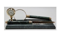 Marble Desk Set Pen Stand with Letter Opener, Magnifying Glass, and Clock / 1 Pen - Size: 9cm x 23cm x 1.8cm (Model 8169)