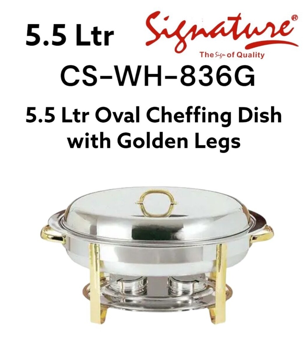 Signature 5.5 Ltr Oval Cheffing Dish with Golden Legs Single Compartment
CS-WH-836G