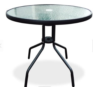 Round outdoor table 60cm (24 inch) dia made of tempered glass, with umbrella hole.