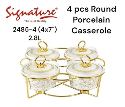SG-CX-2485-4
7.0" (2.8 Ltr) 4 pcs Round Porcelain Casserole with Warmer Rack