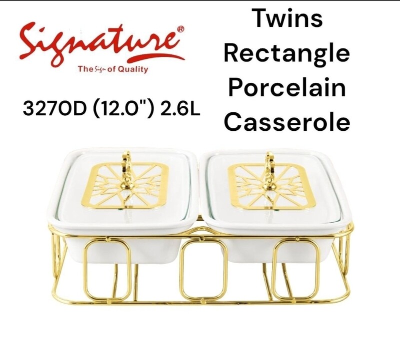 SG-CX-3270D 12.0" Twins (2.6 Ltr) Rectangle Porcelain Casserole with Warmer Rack