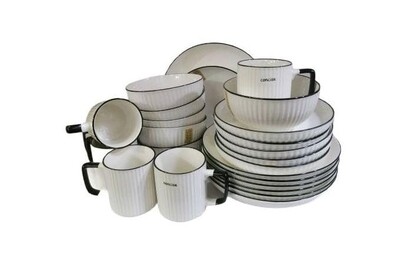 24pcs Of Black Line Design Plates Bowls Cups Dinner Set - Cream