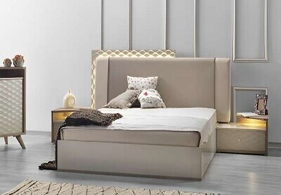 Cara King Bed with 2 Side Tables - Laminated Fibre Board, PU Headboard, Metal Stands