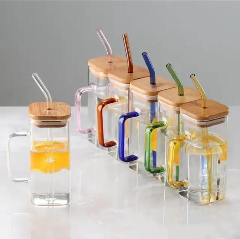Heat Resistant Square Glass Cup with Bamboo Lid and Glass Straw (Coloured Handle) - 300ML Capacity