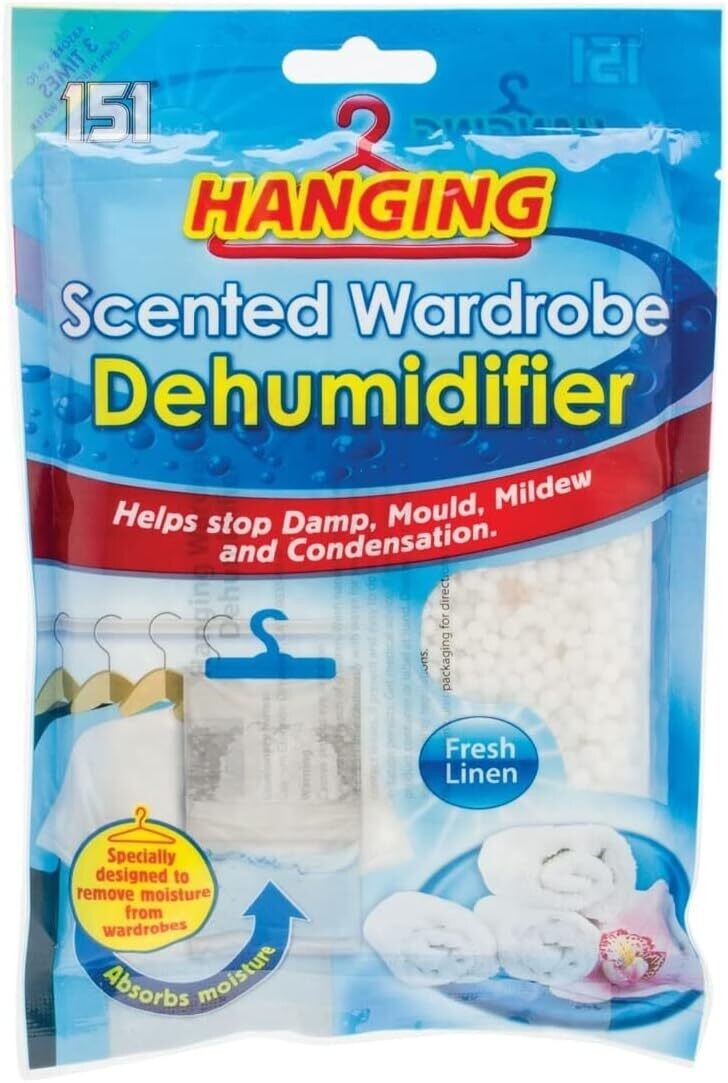 Hanging Wardrobe Dehumidifier Bags Scented Moisture Trap Crystals Damp control Rose Lavender or Fresh Linen Scent 180g