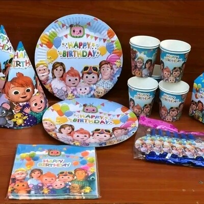 Coco Melon Theme Disney Birthday Party Supplies Set 41pcs- Plates, Cups, Party Caps, and Tablecloth