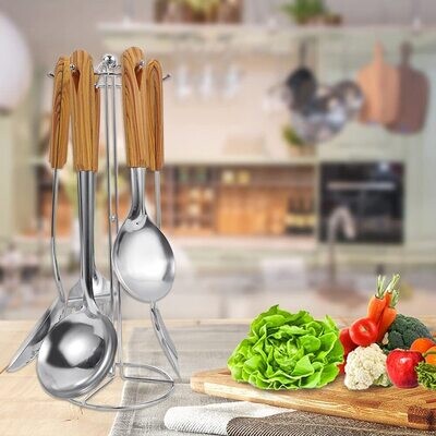 EMNDR Kitchen Utensil Set, 5 Piece Stainless Steel Cooking Utensil Set with Holder, Kitchen Gadgets Kitchen Cookware Tool Set with Wooden Handle